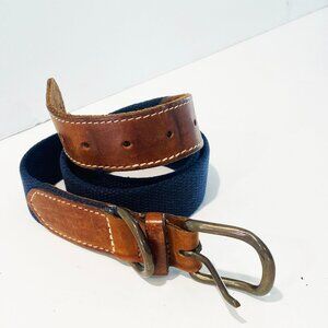 Beene Mens Belt Brown Leather Navy Webbing Solid Brass Buckle USA Vintage